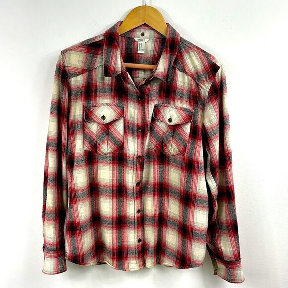 Forever21 |plaid button down shirt Med Red / orange / black - Picture 2 of 3
